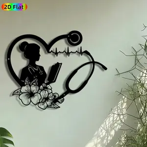 1pc Nurse Silhouette Metal Wall Art, Heartbeat Stethoscope Statue Mural, Artistic Metalwork, Intricate Craftsmanship, Perfect for Nurses Day, Housewarming Decor, Perfect for Clinic Office Living Room Decor, Ideal Gift for Healthcare Enthusiasts.