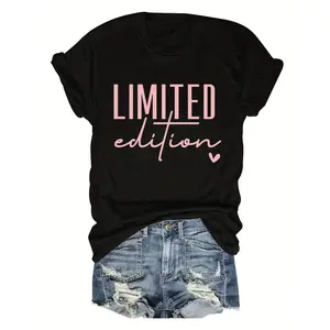 LIMITED, pink text print，Letter Print T-shirt, Short Sleeve Crew Neck Casual Top For Summer & Spring, Women's Clothing