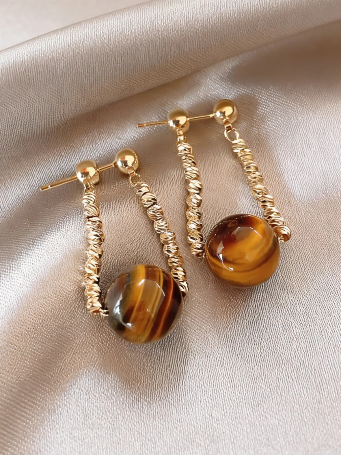 1 Pair of Retro Single Tiger Eye Stone Chain Earrings, Women's Earrings, Fashionable Earrings, Simple and Elegant Temperament, Party Vacation, Daily Commuting, Versatile Earrings, Statement Earrings, Fashionable Jewelry Accessories