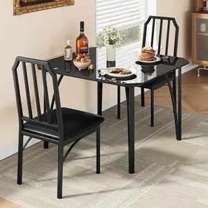 Glass Dining Table Set for 2, Kitchen Table and Chairs for 2 with with Chamfer Design, 3 Piece Dining Room Table Set with Cushion Seats for Small Space, Home Kitchen, Apartment-Glass