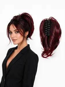 Burgundy Blend Claw Clip Ponytail Extension, 10 Inch Short Layered Hairpiece, Easy Clip in Volume Ponytail Curly Hair Extension for Daily Party Date