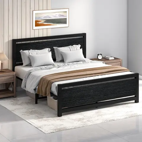 HOMBCK Heavy Duty Queen Size Bedroom Bedframe with Wood Headboard, Anti-Rust Coat Steel Slat Support, Under Bed Storage, Floor-Safe Plugs, No Box Spring Needed, Assembly Required (Simple Assembly for Less Stress) #SohoChic #Homemakeover