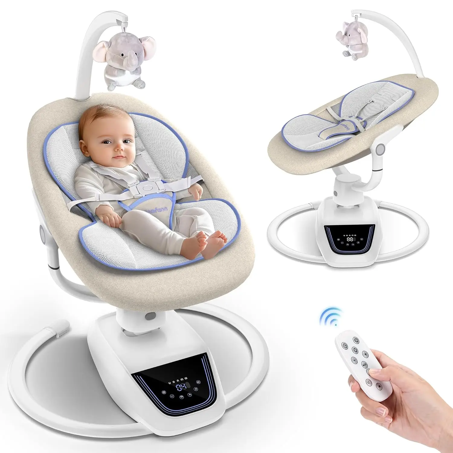 Momfann Baby Electric Bassinet, ‎5 Motions 4 Speed, 3D-Motion Electric Infant Swing, Adjustable Height and Angle 360°Rotating Seat, Adapter & Battery