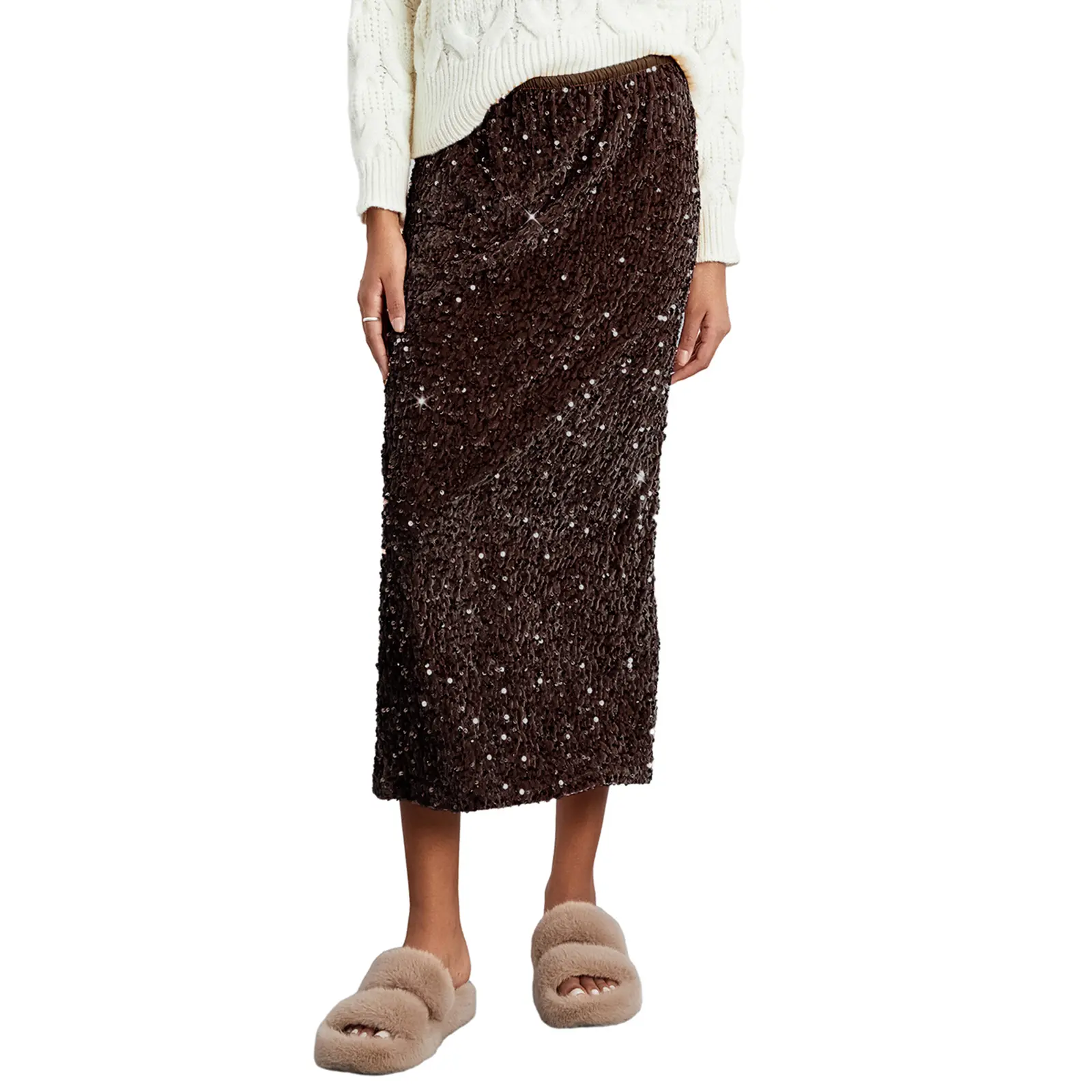 Women's Metallic Sparkly Sequin Elastic High-Waist Midi Pencil Skirt - Elegant, Light, Multicolor, Casual-Formal for Party, Streetwear, Elegance