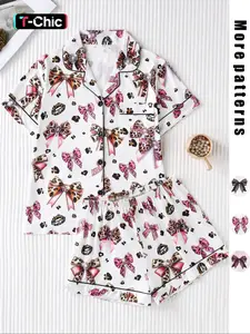 Women's Leopard Print Heart Pattern Sleepwear Set, Casual Fitted Short Sleeve Top & Loose Shorts, All Season Comfortable Nightwear