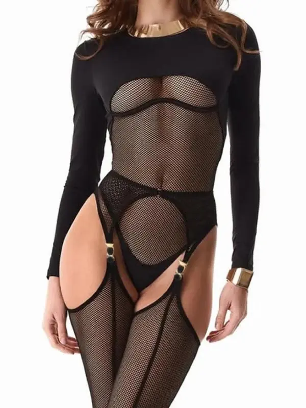 New Arrival Women Hollow Out Perspective Mesh Bodysuit Slim Shaping Sexy Jumpsuit Lingerie 3 Piece Set With Fishnet Stockings