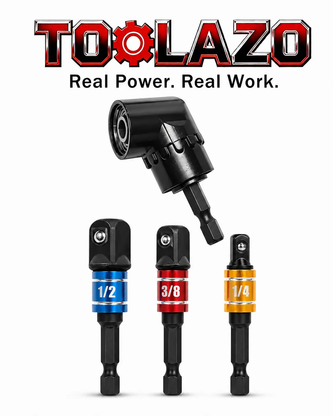 TOOLAZO 4PCS Carbon Steel Adapter Set - 105° Right Angle Drill Attachment, 1/4"-3/8"-1/2" Drive Adapters, 1/4" Hex Shank/Hex Chuck for Drill, Impact Driver, Screwdriver, Garage Repairs, DIY Users Durable Multi-Purpose Hand Tool chrome molybdenum battery