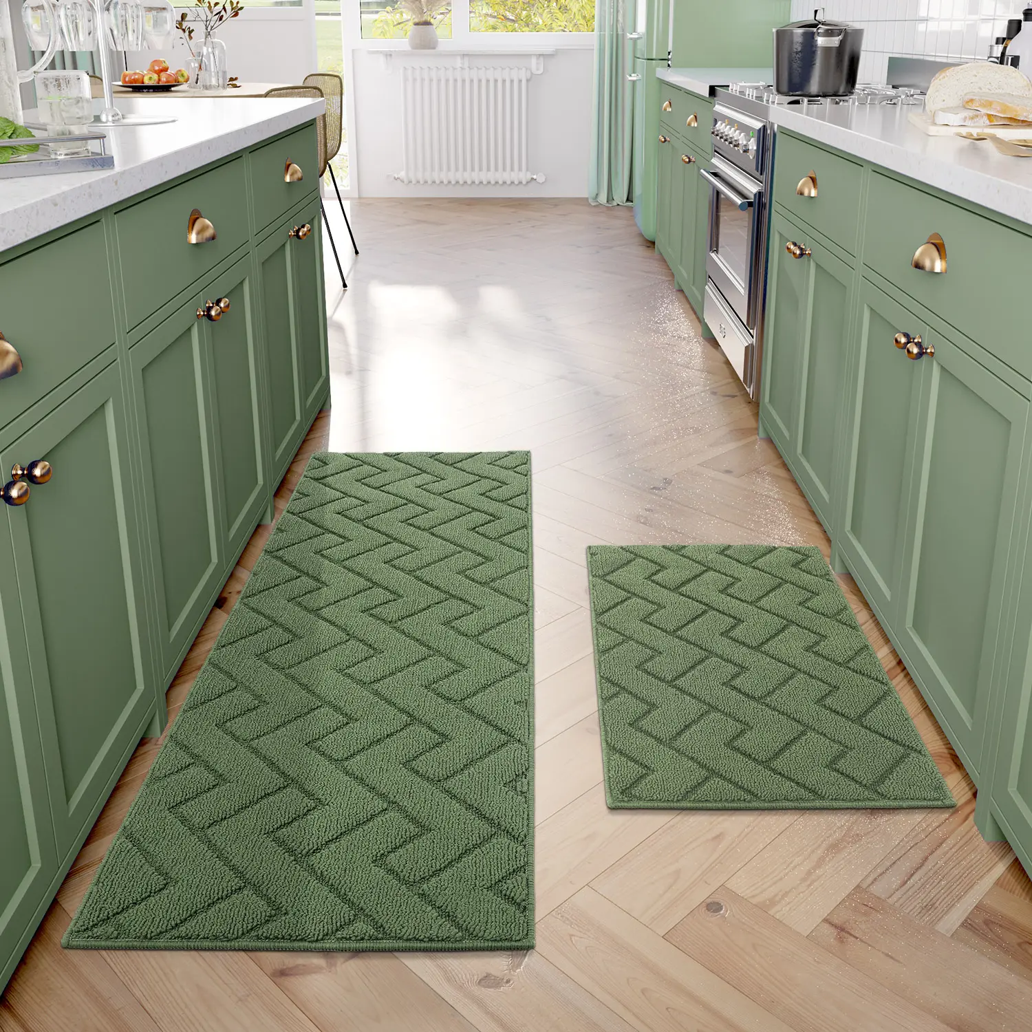 Hicorfe 2-Piece Washable Kitchen Rugs Set, Non-Slip Flat Weave Geometric Mats - Wrinkle Resistant, Anti-Shrink, Durable, Fade Resistant Low Pile for Kitchen Entryway, Pet Friendly Multi Sizes & Colors