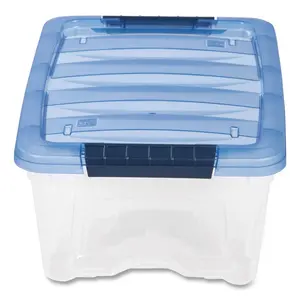 Iris USA  3.23 gal Stack & Pull Latching Flat Lid Storage Box, Clear & Translucent Blue