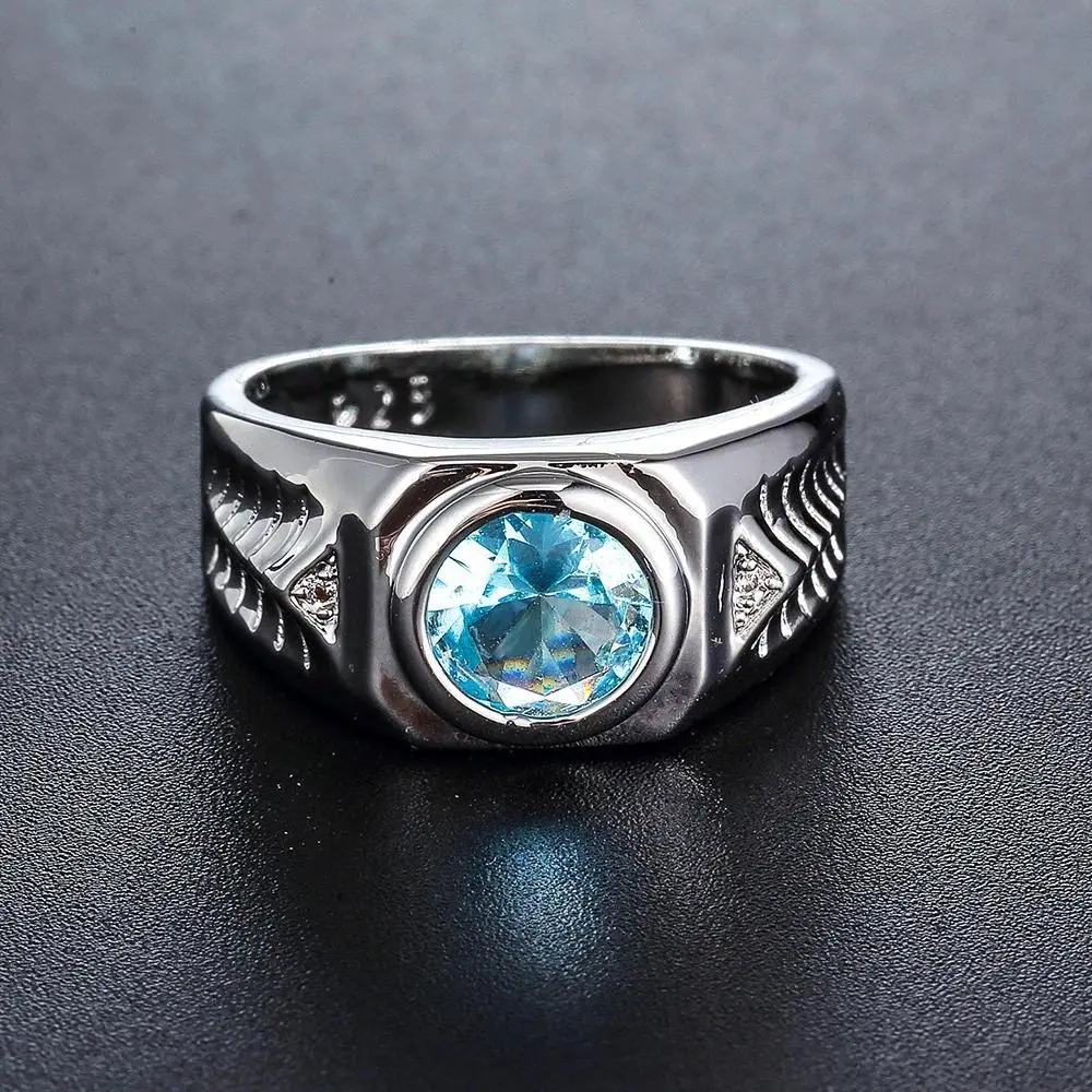 Male 925 Sterling Silver Vintage Luxury Ring with Aquamarine, Blue Zircon Stones - Wedding Jewelry, Wedding Gift Ideas, Fashion Costume Accessories, Giftable