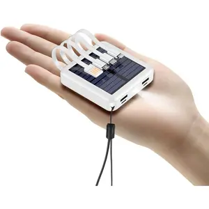 Solar Power Bank 12000mAh,Small Solar Charger Built in 4 Cables,USB C Input/Output,Dual Flashlight External Battery Portable Charger Power Bank for iPhone,Tablet,Samsung