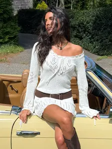 Fashion And Leisure Series Casual Boho Style Off Shoulder Strap Decoration Hollow Design Horn Long Sleeve Woolen Dress, Wear White Knitted Short Skirt for Autumn and Winter 2025, Women's Clothing
