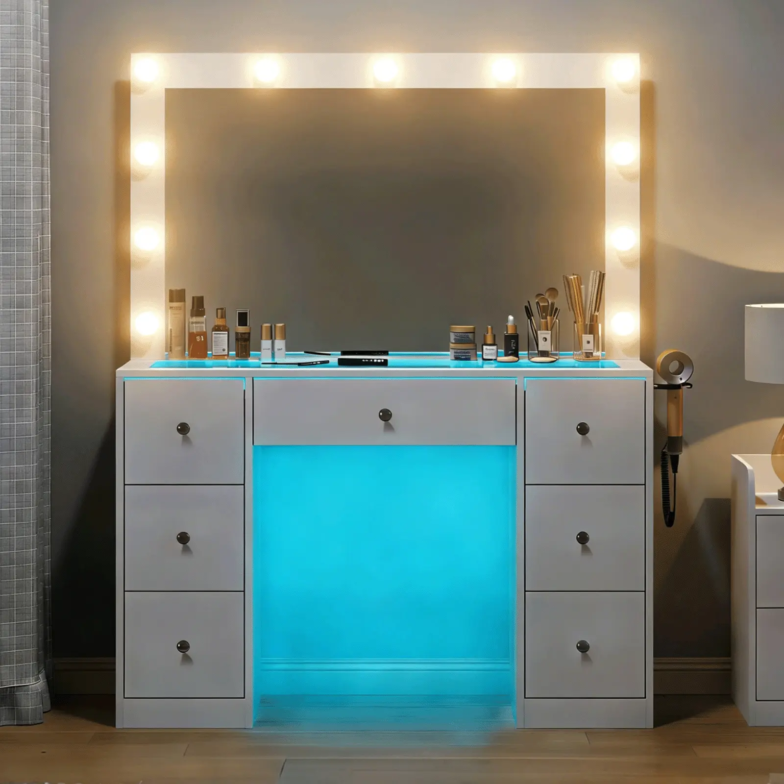 HuaYing Vanity Desk with LED Mirror & RGB Lights, Modern Makeup Vanity ...