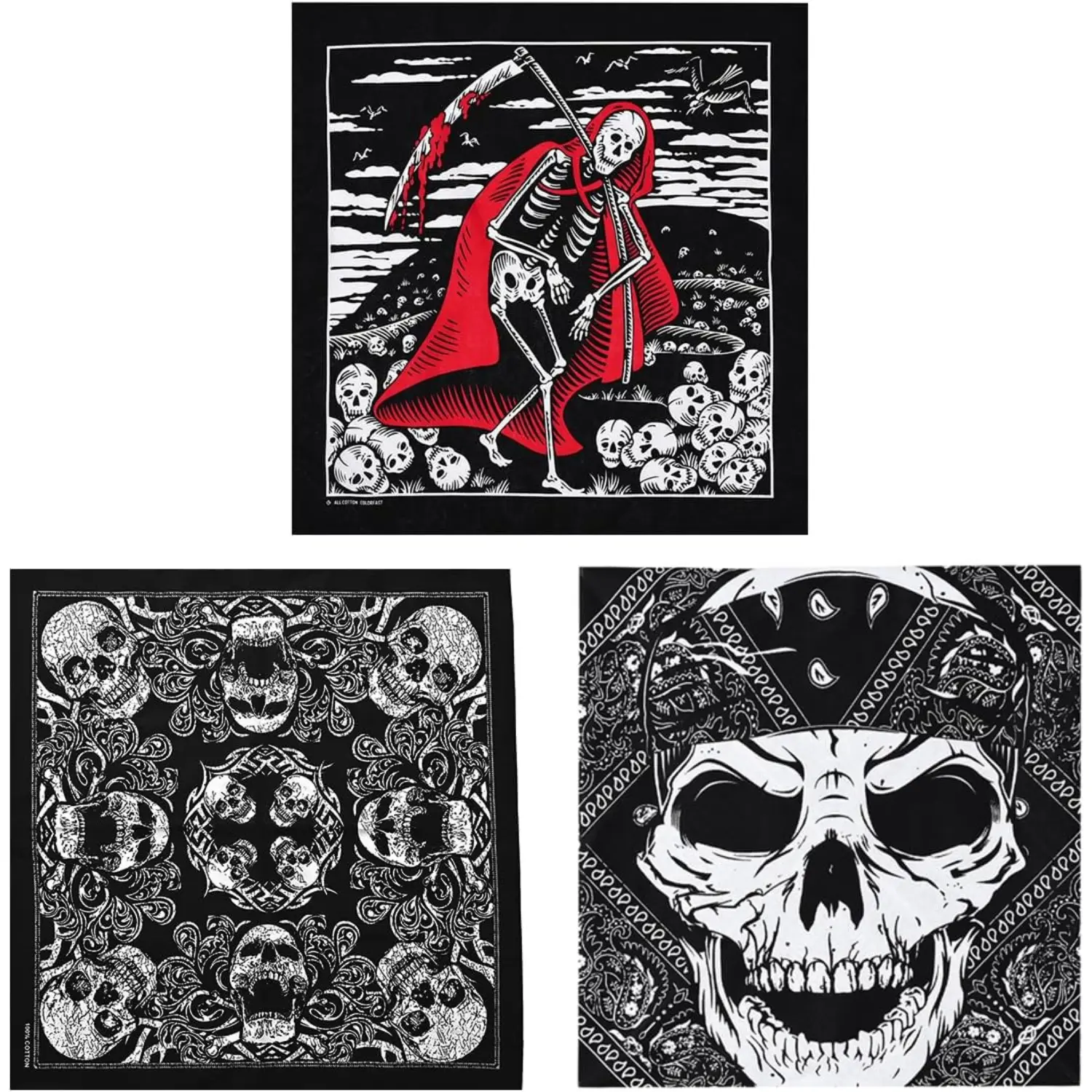 3 Pack Paisley Pattern Skull Bandanas Scarf for Men 100% Cotton Pirate Skeleton Handkerchief Headwraps Wristband