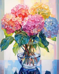 Azalea window view in a glass vase, oil-by-number painting, suitable for adults, exquisite DIY flower oil painting by number, acrylic paint on canvas, colored flowers, 16x20 inches (framed/unframed).