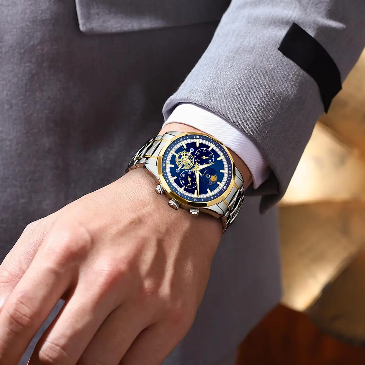 GOHUOS Luxury Business High Quality Man Watch Waterproof Luminous Chronograph Date Men Watch Stainless Steel Quartz Men's Watches