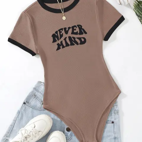 Women's Letter Print Crew Neck Skinny Bodysuit, Casual Slim-fitting Short Sleeve Bodysuit for Daily Wear, Ladies Clothes for All Seasons, Bodysuits Women