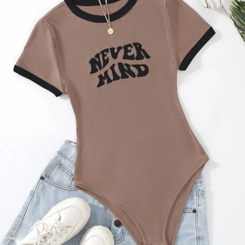 Women's Letter Print Crew Neck Skinny Bodysuit, Casual Slim-fitting Short Sleeve Bodysuit for Daily Wear, Ladies Clothes for All Seasons, Bodysuits Women