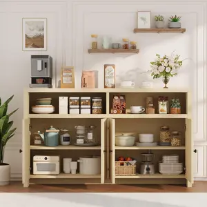 Large Buffet Sideboard Cabinet – 4 Doors, Adjustable Shelves, Spacious Storage, Farmhouse Wood Coffee Bar for Kitchen, Dining Room, Living Room – Embossed Black Finish