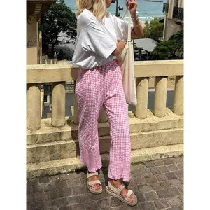 Women's Y2k Plaid Pants Gingham High Waisted Drawstring Wide Leg Pants With Pockets Soft Comfy Baggy Pants Casual Going Out Pants Loose Trousers Fit Pink