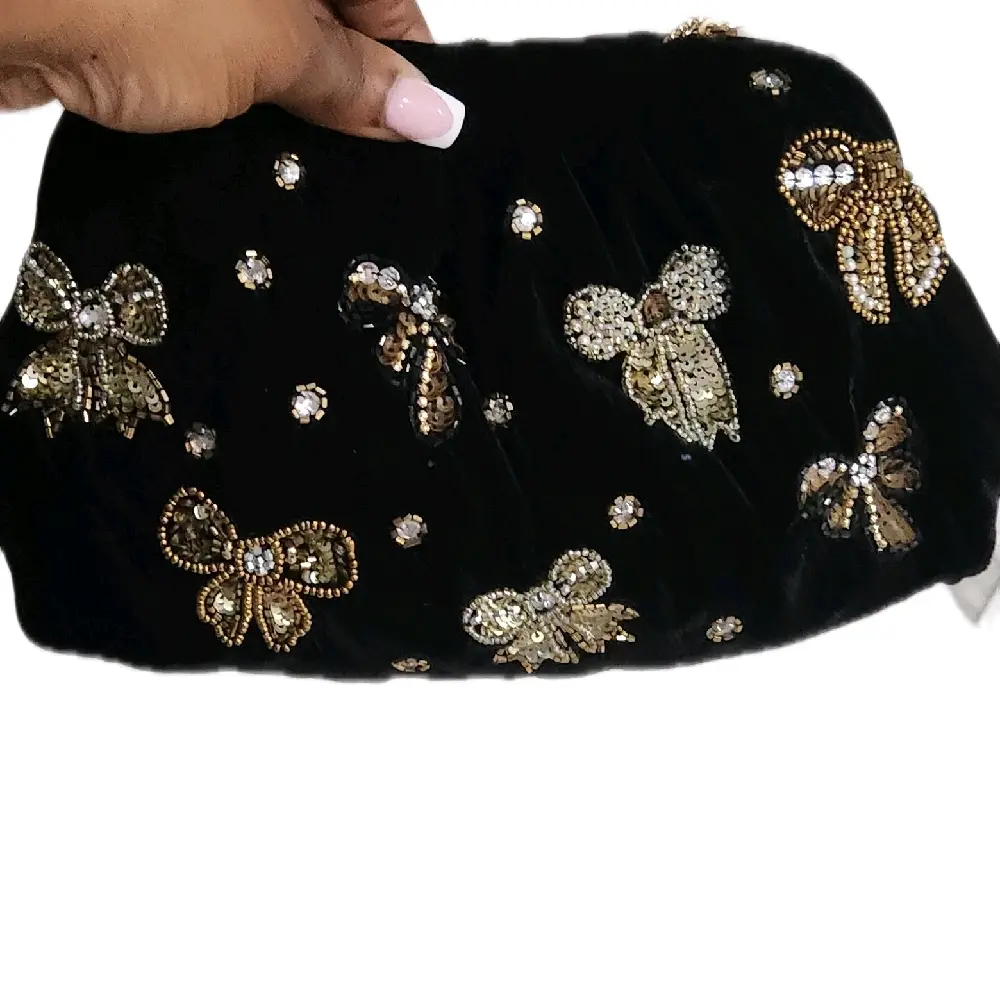 Women's Handcrafted Elegant Velvet Clutch Evening Bag - Rhinestone Bows, Beaded Details, Detachable Chain, Wedding Event Accessory, Do Not Wash, Beads, Rhinestones