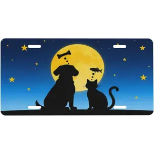 Cat Dog Moon Night Front License Plate 6x12 – Pet Lover Vanity Tag for Car Truck SUV – Aluminum Metal Cover with 4 Holes for Men Women