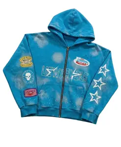 Full-Print Hooded Zip-Up Sweatshirt With Stars And Letters, Loose And Casual Cardigan Top, Unisex