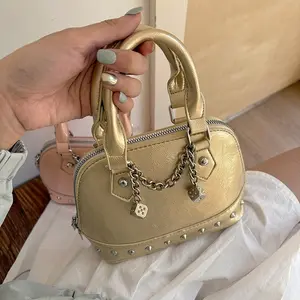 2025 New Special-Interest Design High-Grade Champagne Gold Rivet Hand-Carrying Shell Bag Fashionable One-Shoulder Crossbody Bag