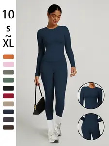 Women's Plain Long Sleeve Top & Pants Set, Sports Activewear Set, Comfortable Tight-Fit for Yoga Home Gym, Yoga Clothes Set, Casual Kardashian Style Clothing