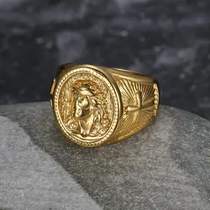18K Gold-plated Fashionable Simple Jesus Portrait Pattern Stainless Steel Men's Ring Anniversary, Easter, Thanksgiving, Christmas Gift Accessories