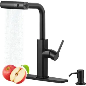 Kitchen Faucet with Pull Down Sprayer:  Waterfall Kitchen Sink Faucet with Soap Dispenser, 3 Modes 360? Swivel Single Handle Tap for RV/Bar, Matte Black Single Hole Brass Pull Out Modern Tap