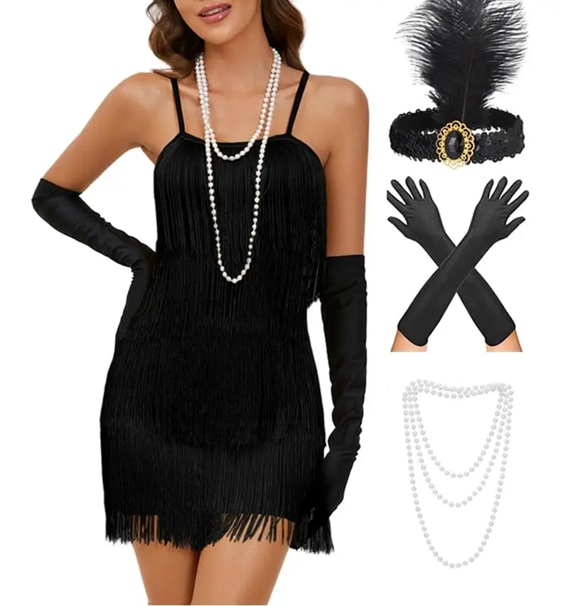 Women's 1920s Vintage Flapper Slip Dress Costume Set - 100% Polyester, Wrinkle Resistant, Wipe Clean Casual Gatsby Outfit with Gloves, Cigarette Holder, Headband & Accessories for Halloween, Speakeasy Events DTY