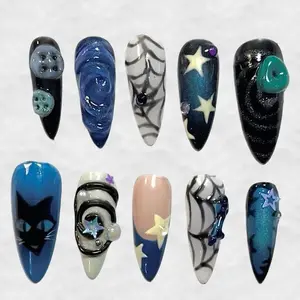 Coraline Inspired Press On Nails, Galaxy Spider Web Nail Art, Star Cat 3D Nails, Handmade Halloween Nail Set, Gothic Gel Tips