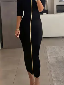 Metal Zipper Dress, Womenswear, Two-In-One Design, Spring Summer Autumn, Sleeveless Boat Neck, Bodycon Skirt, Can Be Worn as Cardigan, Fit, Casual, Lady, 10308