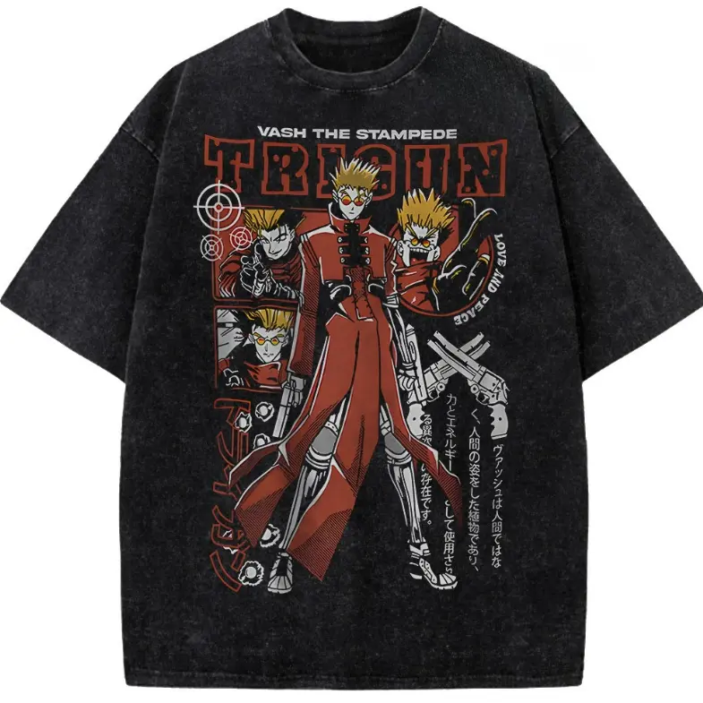Vash the Stampede Shirt, Trigun Shirt, Anime Shirt, Trigun Vintage Design Tee, 90s Bootleg Style Anime Streetwear Washed Black Heavyweight Manga Shirt Unisex Cotton Crewneck T-Shirt Menswear Womenswear Streetwear Top Hoodie Polyester