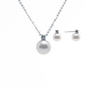 ANGEPERLE S925 Sterling Silver Freshwater Pearl Gablily Set Pendant 10–11 mm, stud earrings 8–9 mm TSJ003