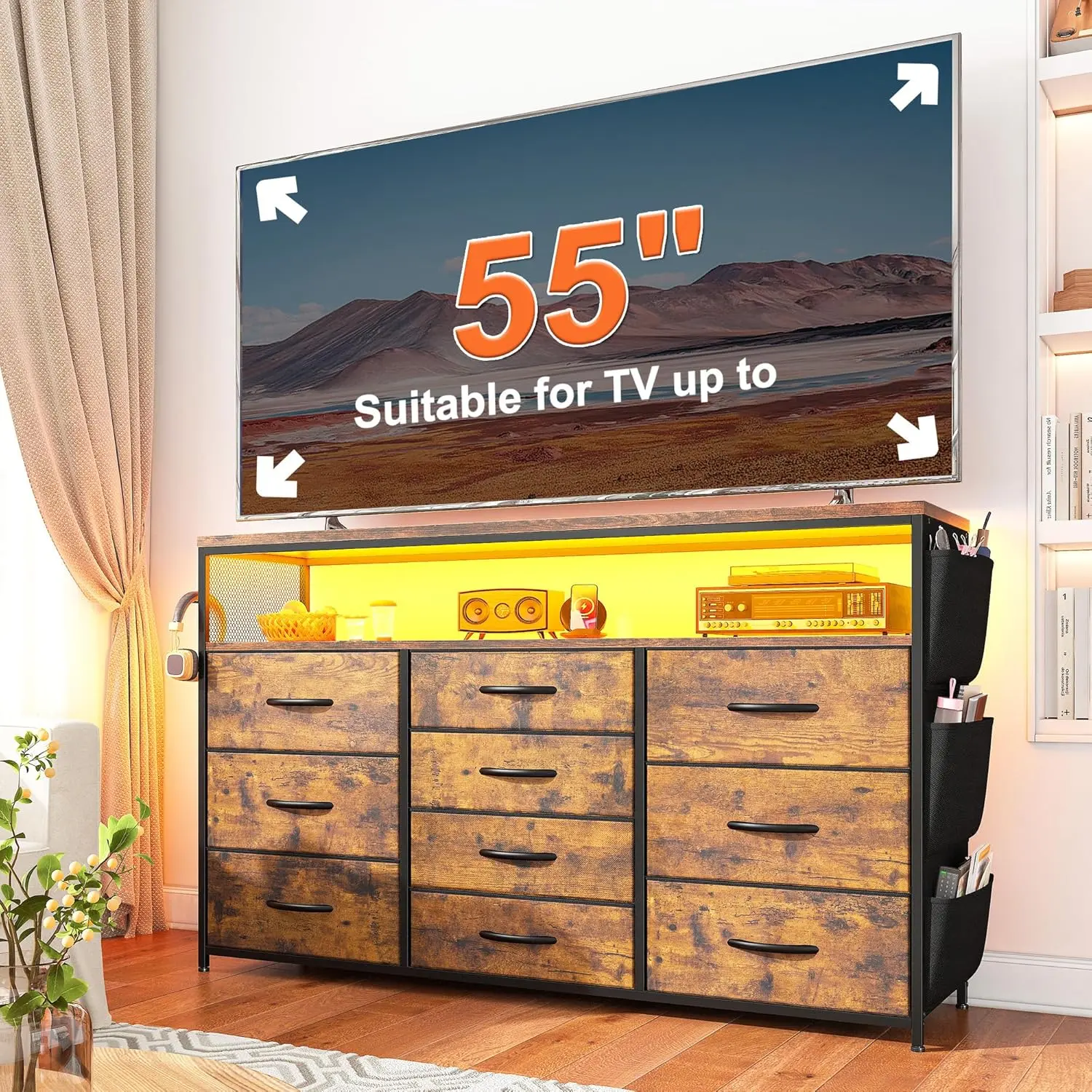 RaybeeFurniture 10 Drawer Dresser for Bedroom with Wood Open Shelves, 55" TV Stand for Bedroom with Built-In Power Outlets and LED Lights, Fabric Dressers & Chest of Drawers with Side Pocket, for Living Room, Bedroom, Hallway, Closet