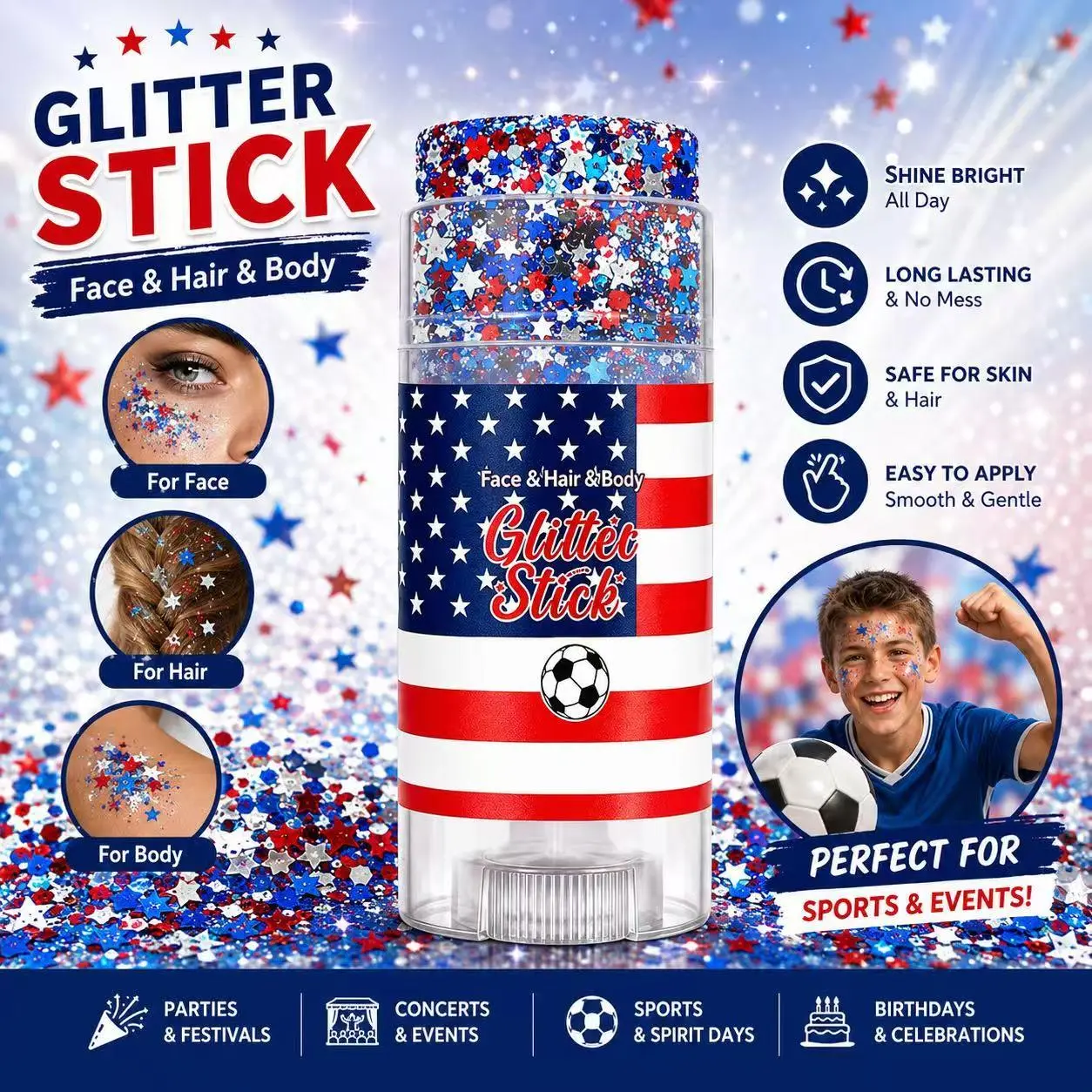 3-in-1 4th of July Patriotic Glitter Stick Kit - Red, White, Blue with American Flag, Soccer, Star Chunky Glitter, Holographic Hair & Body Gel for Shimmering Body Makeup, Sports Games