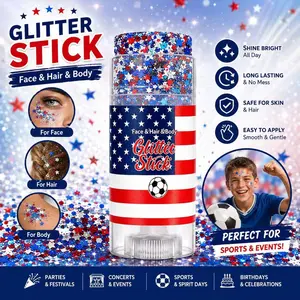 4th of July Glitter Stick 3-in-1 Patriotic Kit - Red White Blue with American Flag, Soccer, Star Chunky Sparkly Glitter, Holographic Hair & Body Gel for Shimmering Body Makeup, Sports Games
