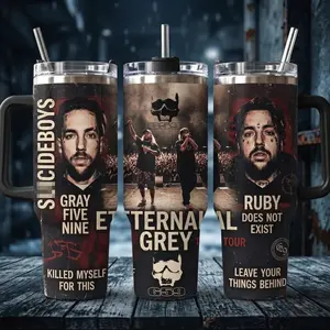G59 Eternal Grey Tour Tumbler 40oz with Handle, SB Ruby Does Not Exist Insulated Travel Mug with Straw, Gray Five Nine KMT Stainless Steel Cup, Leave Your Things Behind Hip Hop Merch, Retro Rap Duo Fan Birthday Gift for Him