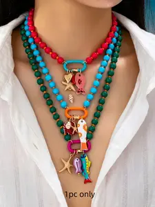 1pc Summer Beach Style Multi-Layer Beaded Necklace With Colorful Fish & Starfish Pendants, Bohemian Jewelry Suitable For Vacation And Beach Parties, Statement Necklace