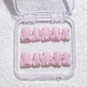 Iridescenal 10pcs the duck press on nails,Y2K style, 100% handmade，reusable ,Nude nails, paired with colorful rhinestones, pink small flowers, and white carvings，suitable for daily wear and matching, and also the best gift for girls and ladies