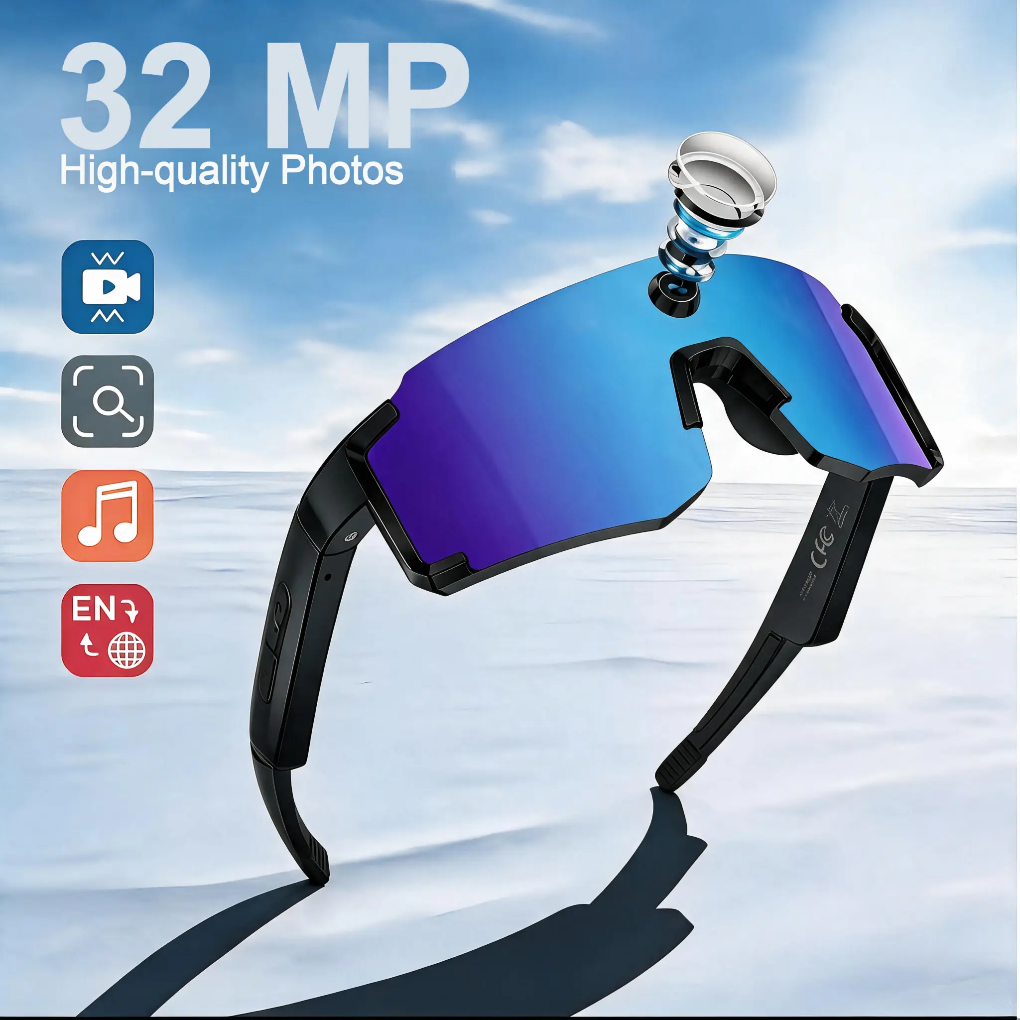 VTYVTY Rechargeable Wireless Smart Glasses with Button - 8MP Camera, 2K Photo/Video Recording, HD Audio, AI Assistant, UV Protection, Type-C Charging, 7H Battery, Portable for Casual Sports, Hiking, Mobile Cool Gadgets