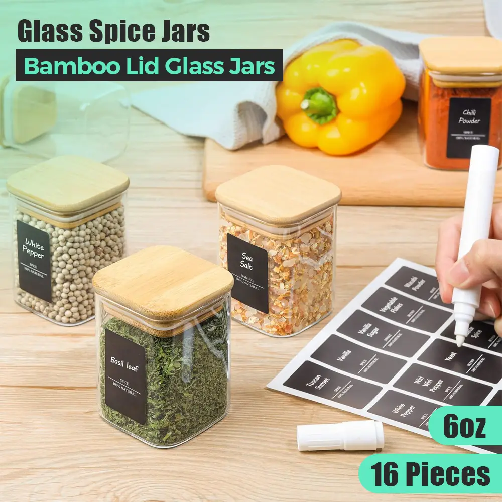 Set of 16 Glass Spice jar with Bamboo Lid 6oz Small 25 x 34 Square Storage Containers with 275 Black Labels Empty Seasoning Jar for Salt Sugar Ki