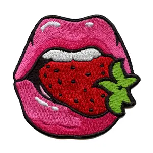 Pink Lips Biting Strawberry Patch Healthy Fruit Embroidered Iron On