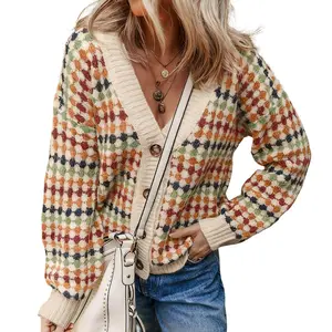 Mntaor Women's Multicolour Dotty Pattern Knit Cardigan with Button Front V-Neck Cozy Design Sweater for Casual Winter Outfit