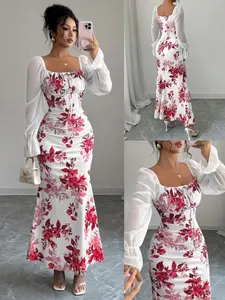 New Women's Square Neck Bow Chiffon Bubble Sleeve Dress, Perfect for Dates, Parties, Daily Wear, Slimming Waist, Elegant Youthful, Spring Summer Fall