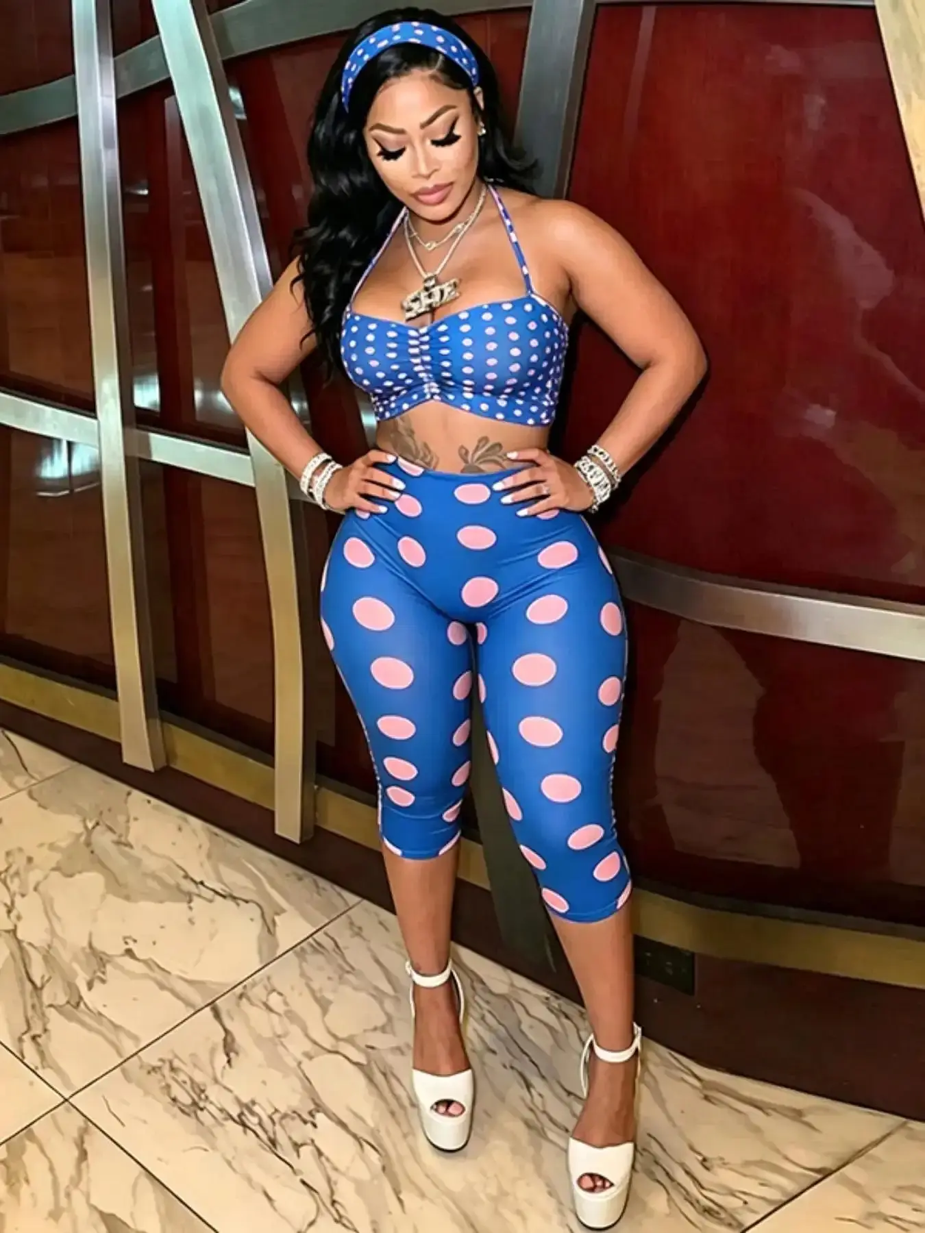 Women's Refined Three-Piece Set, Polka Dot Halter Top   Headband   Capri Pants, Fashionable and Versatile, Perfect for Music Festivals, Travel, Shopping, effortless layering, chic everyday, refined casual