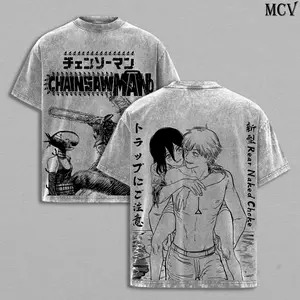 Denji x Reze Chainsaw Man Tee – Vintage Washed Oversized Heavy Cotton Anime Manga T-Shirt, Retro Streetwear Graphic Top Unisex Gift for Otaku Fan MTO