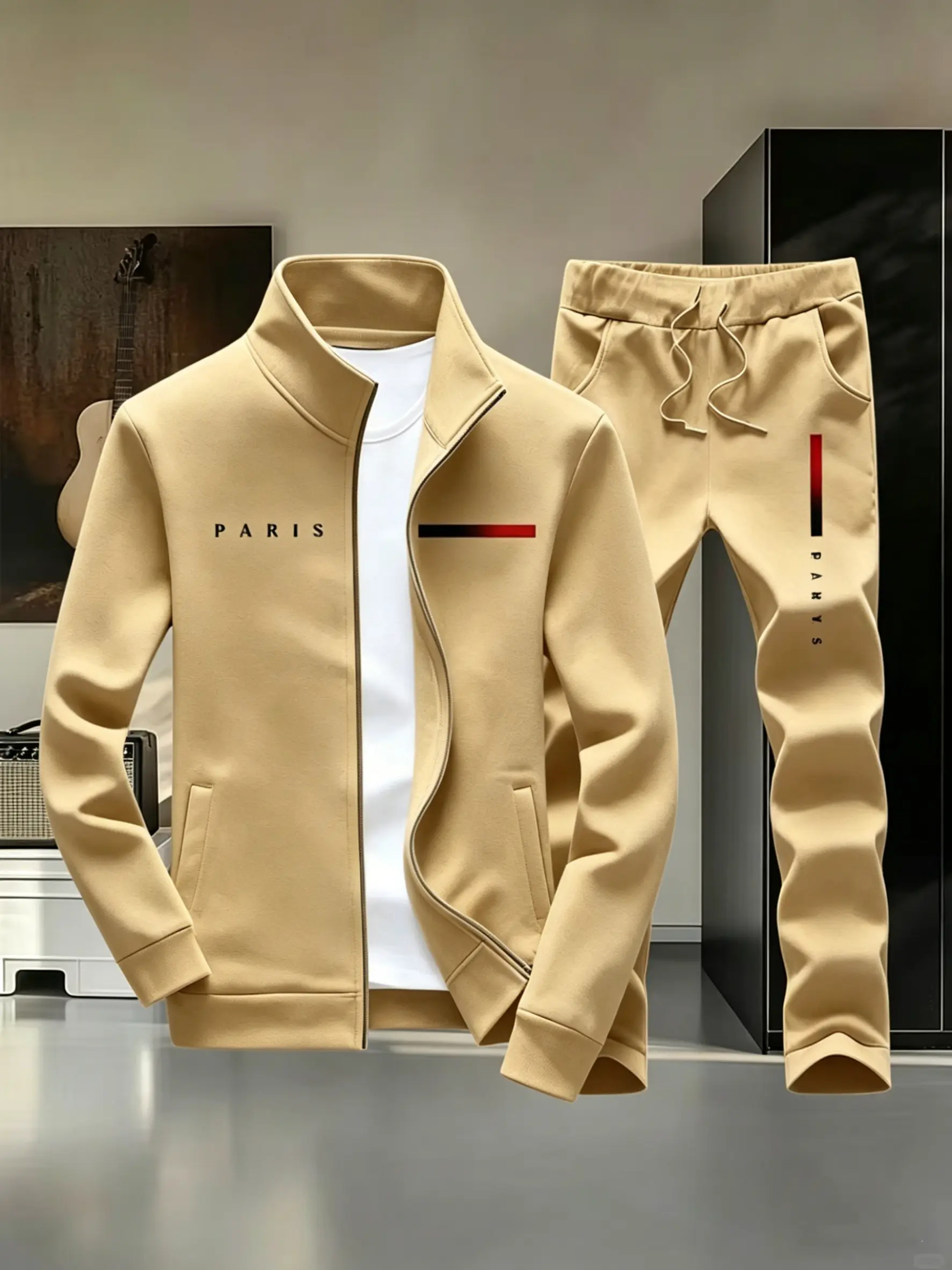 Men's Streetwear Tracksuit 2-Piece Set with PARIS Letter Print, Zip-Up Jacket and Jogger Pants tiktokshopspringglowup Menswear